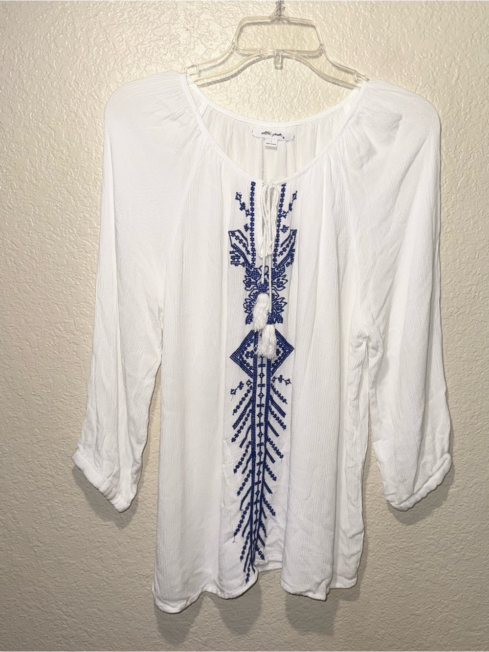 Ultra Pink L White Embroidered Boho Peasant Blouse Tassel Sheer Top